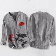 Buddha Stones Koi Fish Lotus Auspicious Clouds Half Buttons Men's Cotton Linen Long Sleeve Shirt - image 2