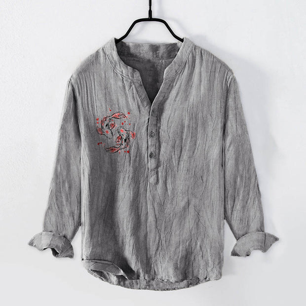 Buddha Stones Koi Fish Yin Yang Pattern Half Buttons Men's Cotton Linen Long Sleeve Shirt - Gray - US/UK/AU50，EU60 (5XL) - image 3