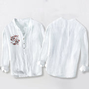 Buddha Stones Koi Fish Yin Yang Pattern Half Buttons Men's Cotton Linen Long Sleeve Shirt - image 8