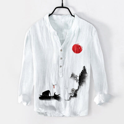 Buddha Stones Mountains Fisherman Boat Red Sun Half Buttons Men's Cotton Linen Long Sleeve Shirt - White - US/UK/AU50，EU60 (5XL) - image 0