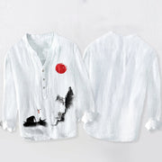 Buddha Stones Mountains Fisherman Boat Red Sun Half Buttons Men's Cotton Linen Long Sleeve Shirt - image 2