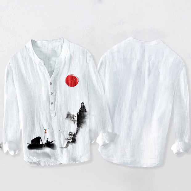 Buddha Stones Mountains Fisherman Boat Red Sun Half Buttons Men's Cotton Linen Long Sleeve Shirt - image 2