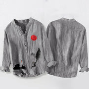 Buddha Stones Mountains Fisherman Boat Red Sun Half Buttons Men's Cotton Linen Long Sleeve Shirt - image 5