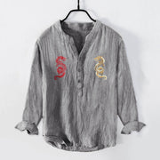 Buddha Stones Double Dragon Pattern Half Buttons Men's Cotton Linen Long Sleeve Shirt - Gray - US/UK/AU50，EU60 (5XL) - image 0