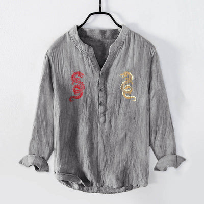 Buddha Stones Double Dragon Pattern Half Buttons Men's Cotton Linen Long Sleeve Shirt - Gray - US/UK/AU50，EU60 (5XL) - image 0