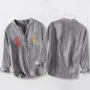Buddha Stones Double Dragon Pattern Half Buttons Men's Cotton Linen Long Sleeve Shirt - image 2