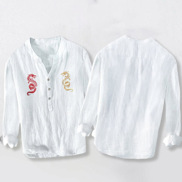 Buddha Stones Double Dragon Pattern Half Buttons Men's Cotton Linen Long Sleeve Shirt - image 5