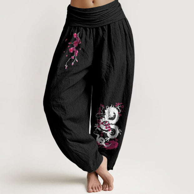 Buddha Stones Dragon Cherry Blossoms Pattern Women's Elastic Waist Harem Cotton Pants - Black - US16，UK/AU20，EU48 (3XL) - image 11