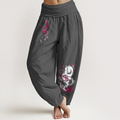 Buddha Stones Dragon Cherry Blossoms Pattern Women's Elastic Waist Harem Cotton Pants - DimGray - US16，UK/AU20，EU48 (3XL) - image 0