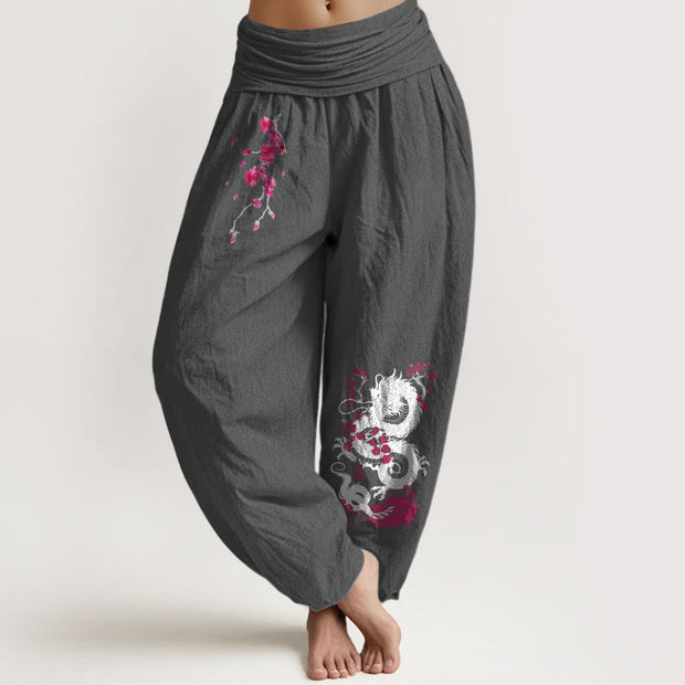 Buddha Stones Dragon Cherry Blossoms Pattern Women's Elastic Waist Harem Cotton Pants - DimGray - US16，UK/AU20，EU48 (3XL) - image 0