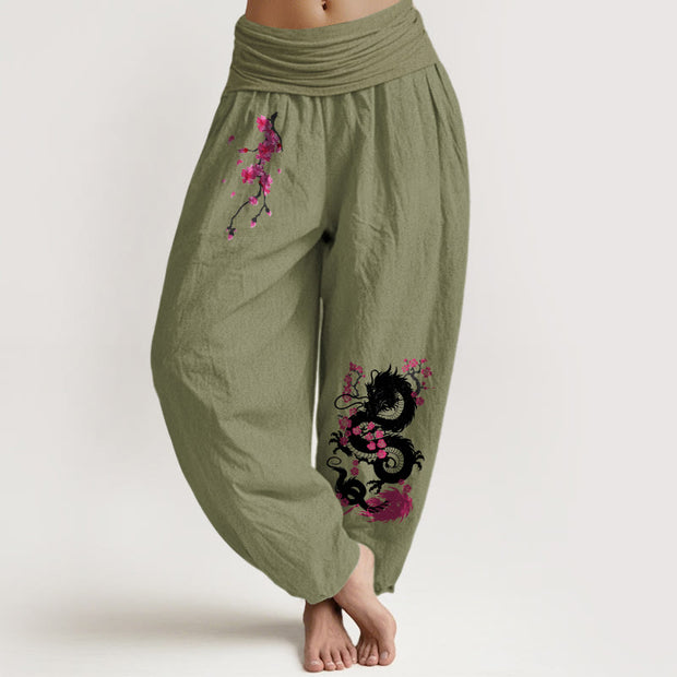 Buddha Stones Dragon Cherry Blossoms Pattern Women's Elastic Waist Harem Cotton Pants - OliveDrab - US16，UK/AU20，EU48 (3XL) - image 8