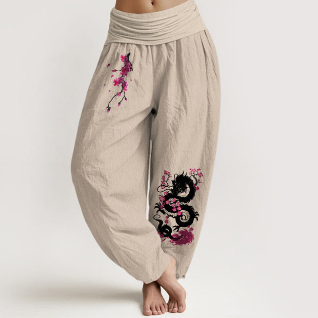 Buddha Stones Dragon Cherry Blossoms Pattern Women's Elastic Waist Harem Cotton Pants - Tan - US16，UK/AU20，EU48 (3XL) - image 5