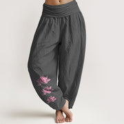 Buddha Stones Casual Lotus Pattern Pure Cotton Women's Elastic Waist Harem Pants - DimGray - US16，UK/AU20，EU48 (3XL) - image 0