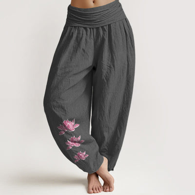 Buddha Stones Casual Lotus Pattern Pure Cotton Women's Elastic Waist Harem Pants - DimGray - US16，UK/AU20，EU48 (3XL) - image 0