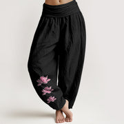 Buddha Stones Casual Lotus Pattern Pure Cotton Women's Elastic Waist Harem Pants - Black - US16，UK/AU20，EU48 (3XL) - image 11