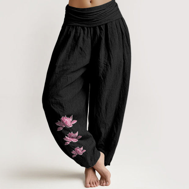 Buddha Stones Casual Lotus Pattern Pure Cotton Women's Elastic Waist Harem Pants - Black - US16，UK/AU20，EU48 (3XL) - image 11