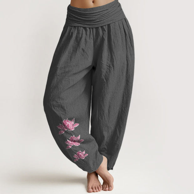 Buddha Stones Casual Lotus Pattern Pure Cotton Women's Elastic Waist Harem Pants - DimGray - US16，UK/AU20，EU48 (3XL) - image 0