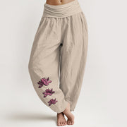 Buddha Stones Casual Lotus Pattern Pure Cotton Women's Elastic Waist Harem Pants - Tan - US16，UK/AU20，EU48 (3XL) - image 5