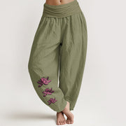 Buddha Stones Casual Lotus Pattern Pure Cotton Women's Elastic Waist Harem Pants - OliveDrab - US16，UK/AU20，EU48 (3XL) - image 8