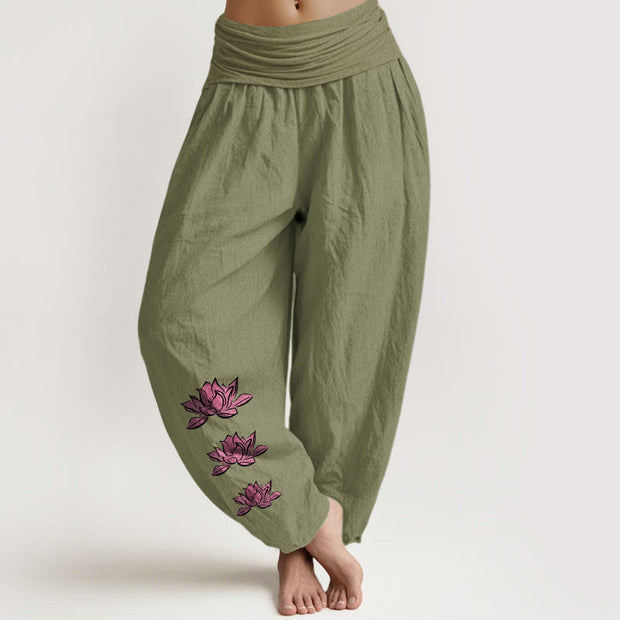Buddha Stones Casual Lotus Pattern Pure Cotton Women's Elastic Waist Harem Pants - OliveDrab - US16，UK/AU20，EU48 (3XL) - image 8