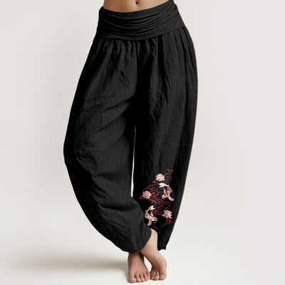 Buddha Stones Pure Cotton Lotus Koi Fish River Pattern Women's Elastic Waist Harem Pants - Black - US16，UK/AU20，EU48 (3XL) - image 0