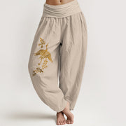 Buddha Stones Crane Floral Leaves Pattern Women's Elastic Waist Harem Cotton Pants - Tan - US16，UK/AU20，EU48 (3XL) - image 11