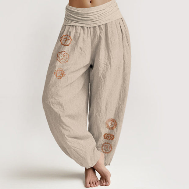 Buddha Stones Casual Chakra Symbol Pattern Pure Cotton Women's Elastic Waist Harem Pants - Tan - US16，UK/AU20，EU48 (3XL) - image 11