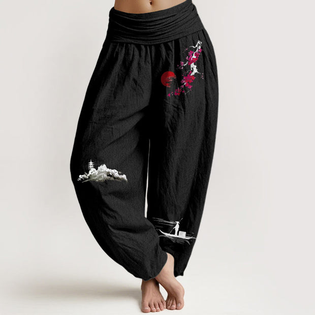 Buddha Stones Plum Blossoms Mountain Fisherman Pattern Pure Cotton Women's Elastic Waist Harem Pants - Black - US16，UK/AU20，EU48 (3XL) - image 8