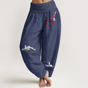 Buddha Stones Plum Blossoms Mountain Fisherman Pattern Pure Cotton Women's Elastic Waist Harem Pants - DarkSlateBlue - US16，UK/AU20，EU48 (3XL) - image 11