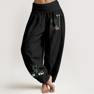 Buddha Stones Panda Bamboo Leaves Pattern Pure Cotton Women's Elastic Waist Harem Pants - Black - US16，UK/AU20，EU48 (3XL) - image 0