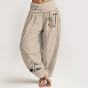 Buddha Stones Panda Bamboo Leaves Pattern Pure Cotton Women's Elastic Waist Harem Pants - Tan - US16，UK/AU20，EU48 (3XL) - image 11
