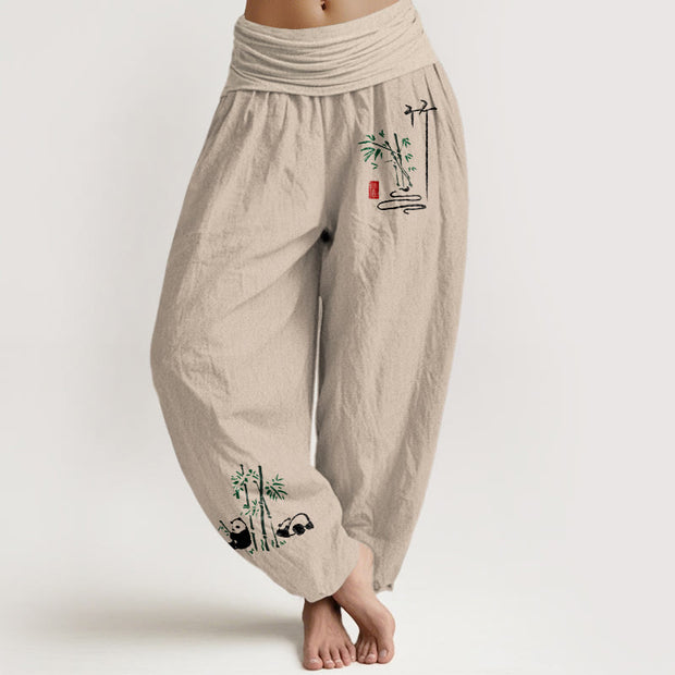 Buddha Stones Panda Bamboo Leaves Pattern Pure Cotton Women's Elastic Waist Harem Pants - Tan - US16，UK/AU20，EU48 (3XL) - image 11