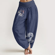 Buddha Stones Dragon Yin Yang Waves Flower Pattern Pure Cotton Women's Elastic Waist Harem Pants - DarkSlateBlue - US16，UK/AU20，EU48 (3XL) - image 5