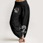 Buddha Stones Dragon Yin Yang Waves Flower Pattern Pure Cotton Women's Elastic Waist Harem Pants - Black - US16，UK/AU20，EU48 (3XL) - image 0