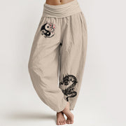 Buddha Stones Dragon Yin Yang Waves Flower Pattern Pure Cotton Women's Elastic Waist Harem Pants - Tan - US16，UK/AU20，EU48 (3XL) - image 11