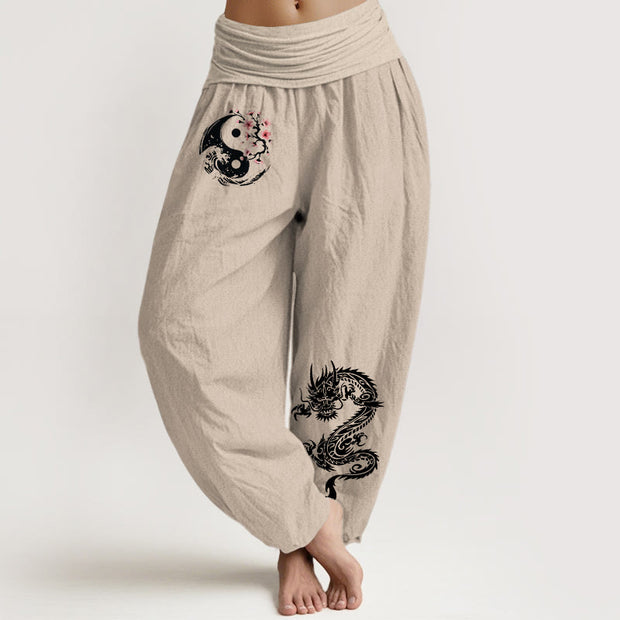 Buddha Stones Dragon Yin Yang Waves Flower Pattern Pure Cotton Women's Elastic Waist Harem Pants - Tan - US16，UK/AU20，EU48 (3XL) - image 11