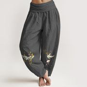 Buddha Stones Crane Auspicious Clouds Flower Pattern Pure Cotton Women's Elastic Waist Harem Pants - DimGray - US16，UK/AU20，EU48 (3XL) - image 0