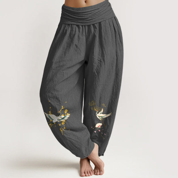 Buddha Stones Crane Auspicious Clouds Flower Pattern Pure Cotton Women's Elastic Waist Harem Pants - DimGray - US16，UK/AU20，EU48 (3XL) - image 0