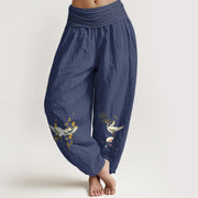 Buddha Stones Crane Auspicious Clouds Flower Pattern Pure Cotton Women's Elastic Waist Harem Pants - DarkSlateBlue - US16，UK/AU20，EU48 (3XL) - image 14