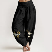 Buddha Stones Crane Auspicious Clouds Flower Pattern Pure Cotton Women's Elastic Waist Harem Pants - Black - US16，UK/AU20，EU48 (3XL) - image 11