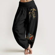 Buddha Stones Pure Cotton Pine Tree Koi Fish Pattern Women's Elastic Waist Harem Pants - Black - US16，UK/AU20，EU48 (3XL) - image 0