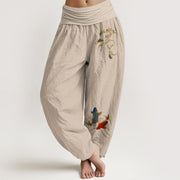 Buddha Stones Pure Cotton Pine Tree Koi Fish Pattern Women's Elastic Waist Harem Pants - Tan - US16，UK/AU20，EU48 (3XL) - image 11