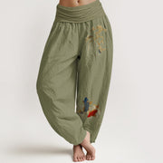 Buddha Stones Pure Cotton Pine Tree Koi Fish Pattern Women's Elastic Waist Harem Pants - OliveDrab - US16，UK/AU20，EU48 (3XL) - image 14