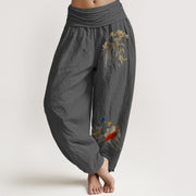 Buddha Stones Pure Cotton Pine Tree Koi Fish Pattern Women's Elastic Waist Harem Pants - DimGray - US16，UK/AU20，EU48 (3XL) - image 8