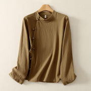 Buddha Stones Asymmetrical Front Frog-button Long Sleeve Women's Cotton Shirt - image 1
