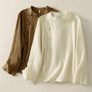 Buddha Stones Asymmetrical Front Frog-button Long Sleeve Women's Cotton Shirt - DarkGoldenrod - US8-10，UK/AU12-14，EU40-42 (2XL) - image 0