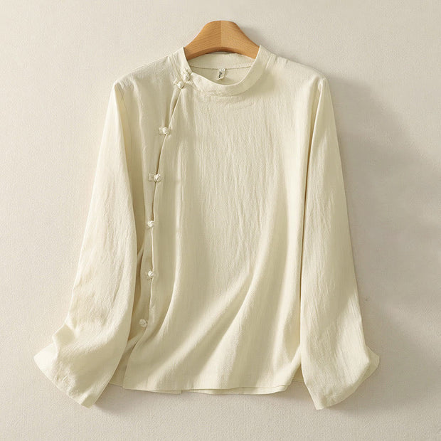 Buddha Stones Asymmetrical Front Frog-button Long Sleeve Women's Cotton Shirt - LightYellow - US8-10，UK/AU12-14，EU40-42 (2XL) - image 6