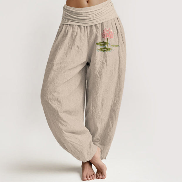 Buddha Stones Pure Cotton  Lotus Flower Leaves Pattern Women's Elastic Waist Harem Pants - Tan - US16，UK/AU20，EU48 (3XL) - image 11