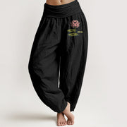 Buddha Stones Pure Cotton  Lotus Flower Leaves Pattern Women's Elastic Waist Harem Pants - Black - US16，UK/AU20，EU48 (3XL) - image 0
