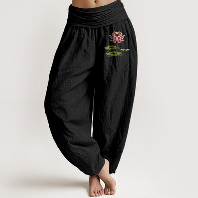 Buddha Stones Pure Cotton  Lotus Flower Leaves Pattern Women's Elastic Waist Harem Pants - Black - US16，UK/AU20，EU48 (3XL) - image 0